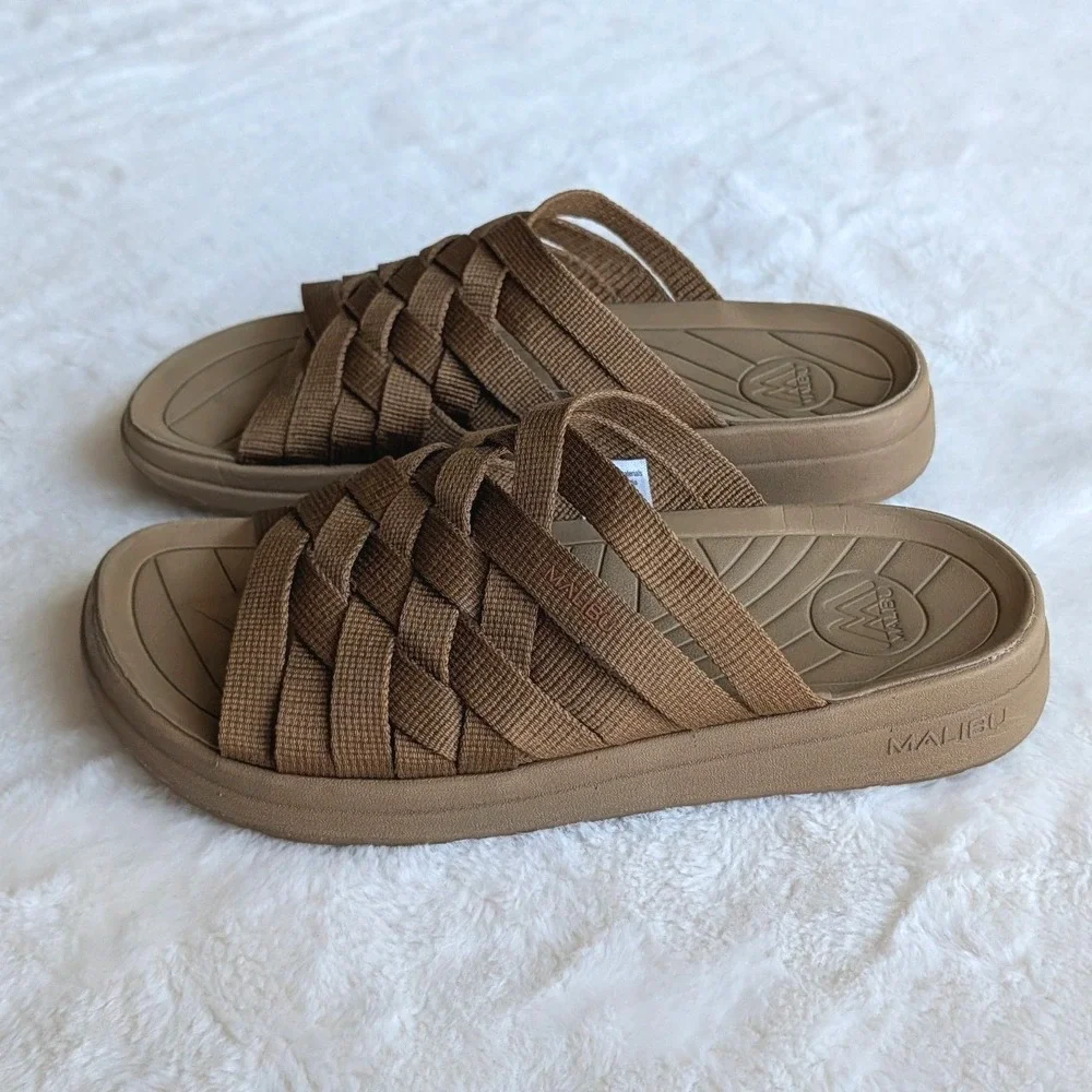 Malibu Sandals Colony Classic Woven Nylon Slides Tan Mens 8 Vegan Water Friendly